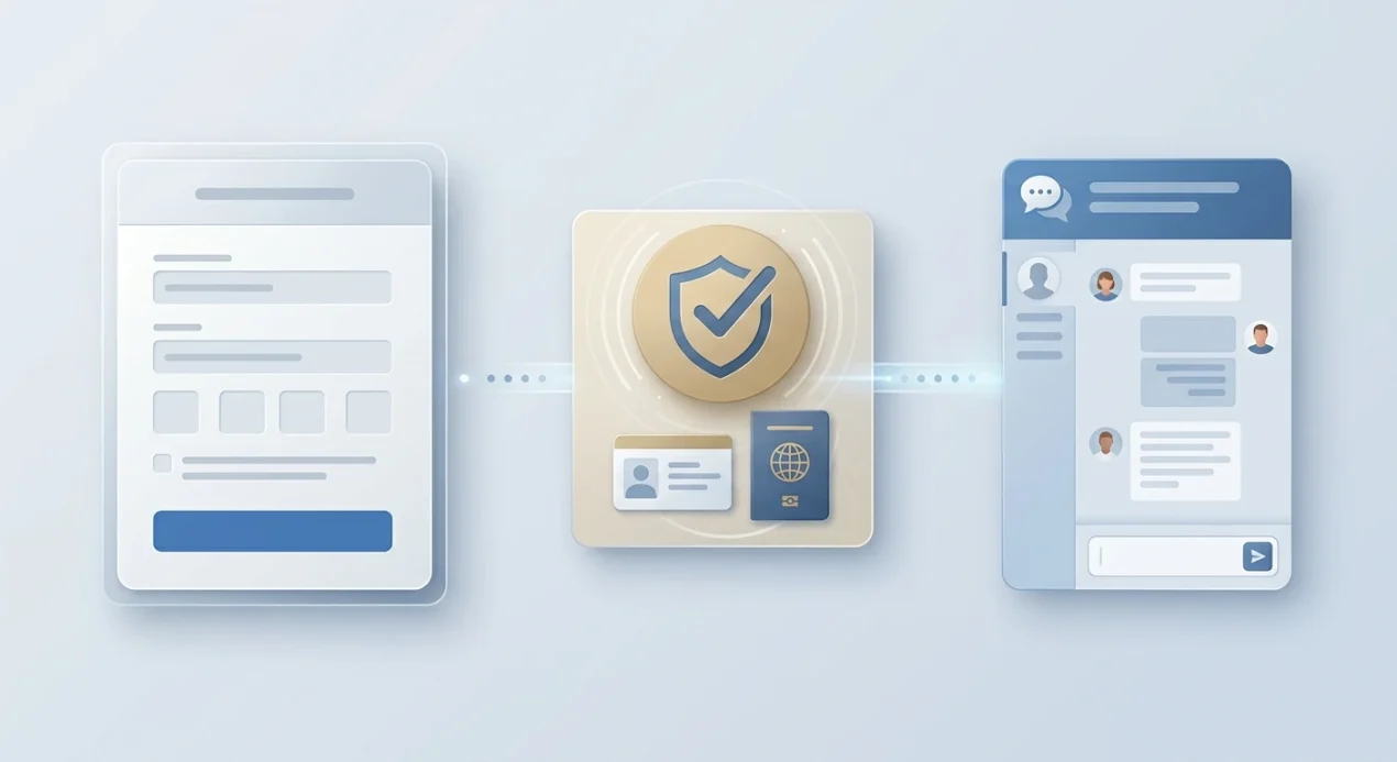Illustration of an online casino account journey with sign-up, identity check and support chat stages and no real brand interface
