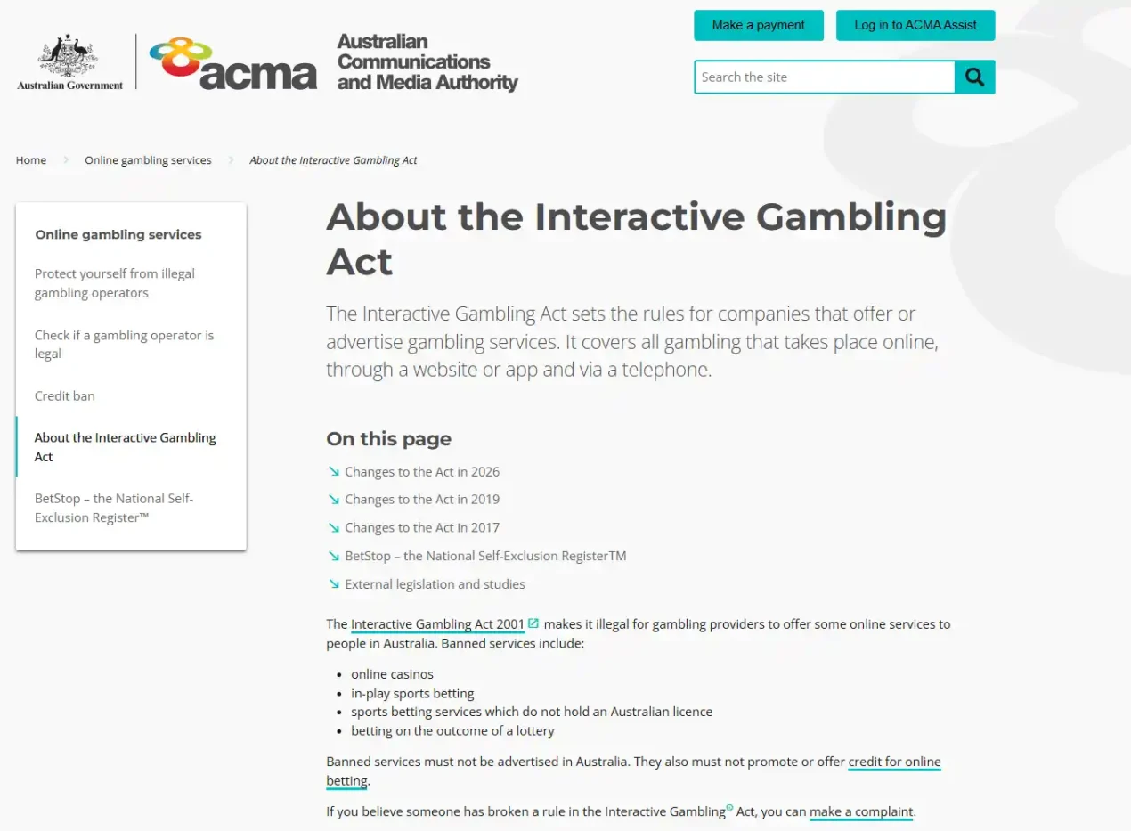Official ACMA Interactive Gambling Act page view showing online casinos among banned services and the 2026 reform commencement note