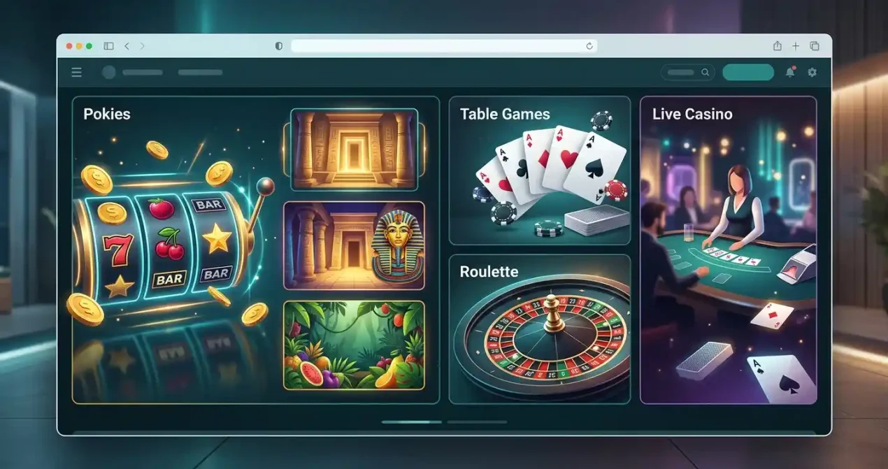 Generic illustration of a modern online casino game lobby with slot reels, playing cards and roulette elements without real game artwork or branding