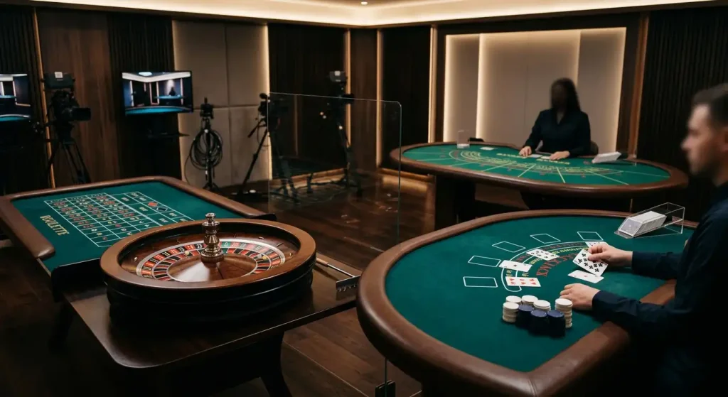 Generic live casino table scene with roulette wheel, blackjack cards and baccarat layout without logos or identifiable dealers