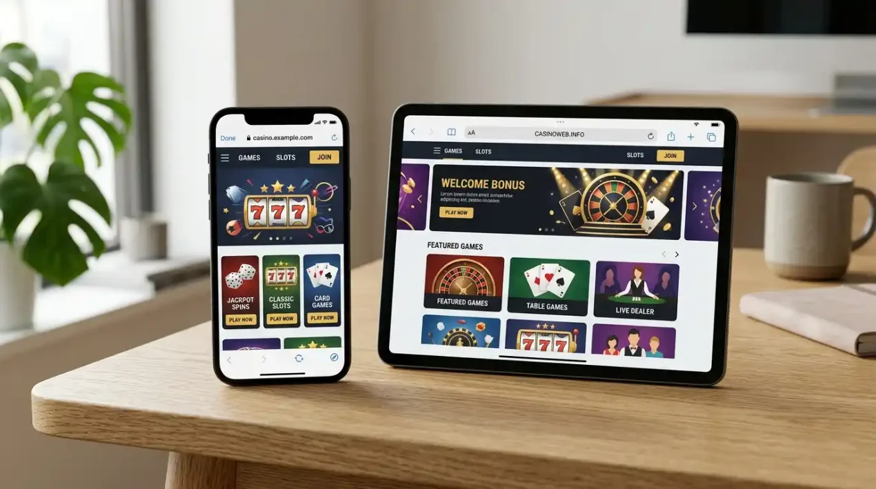 Generic smartphone and tablet showing a neutral casino website in mobile browser frames without app store badges or branding