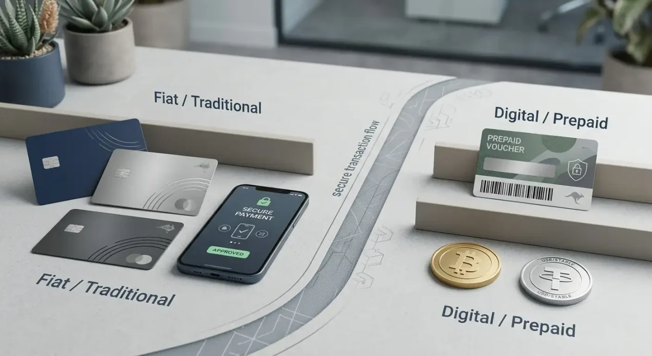 Illustration of Australian casino banking options with payment cards, a Neosurf-style voucher, Bitcoin, Tether and an AUD marker