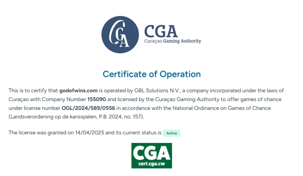Official Curaçao Gaming Authority certificate view for godofwins.com showing GBL Solutions N.V., licence OGL/2024/589/0556 and Active status