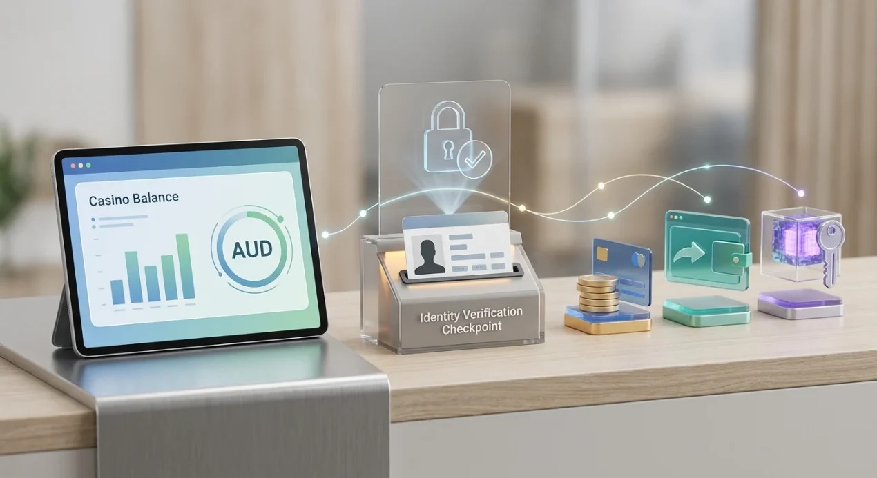 Illustration of a casino withdrawal flow from account balance through identity verification to a payout destination with an AUD marker